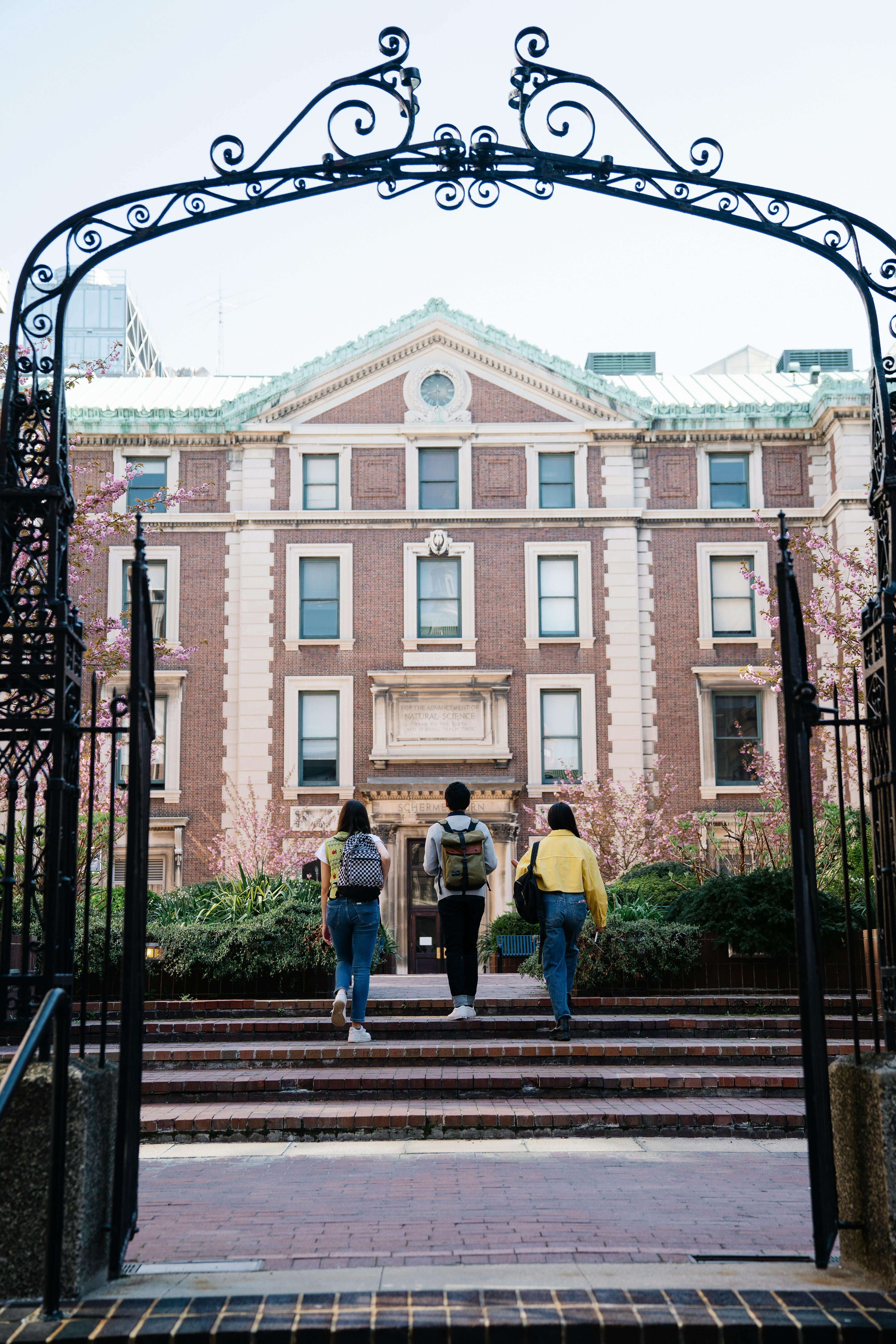Students at a campus gate