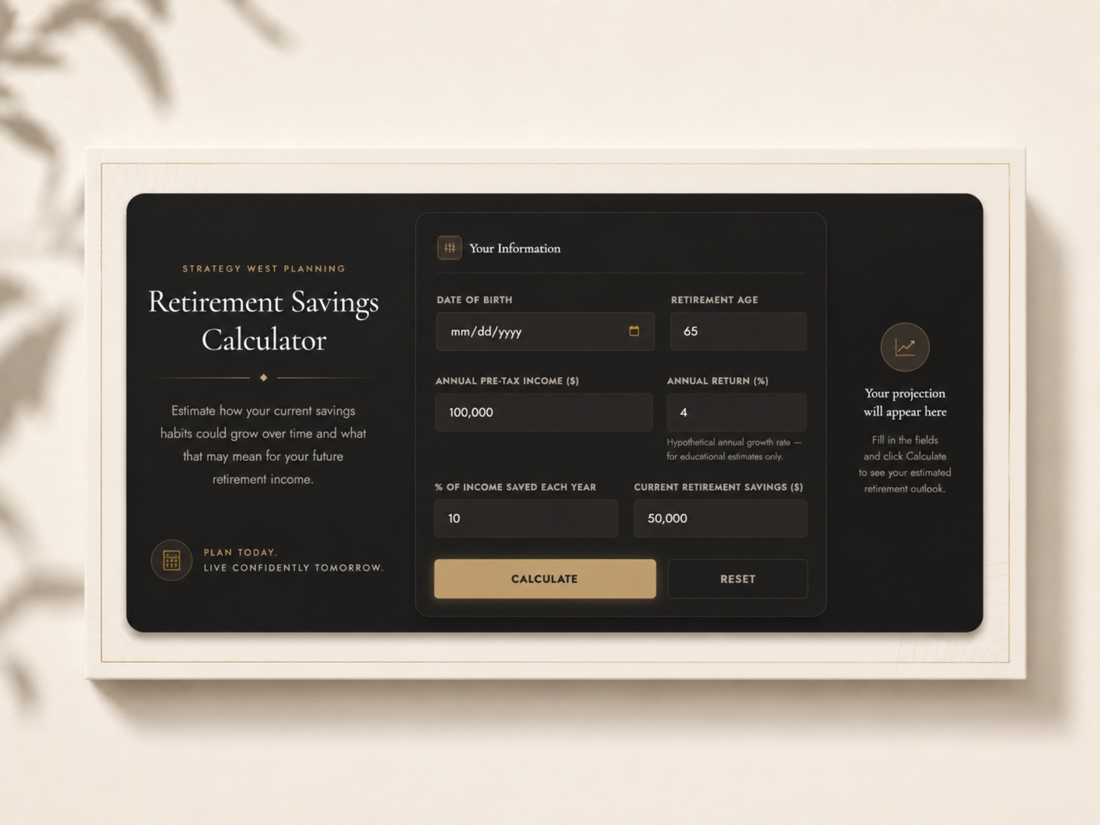 Preview of the Strategy West Planning Retirement Savings Calculator.