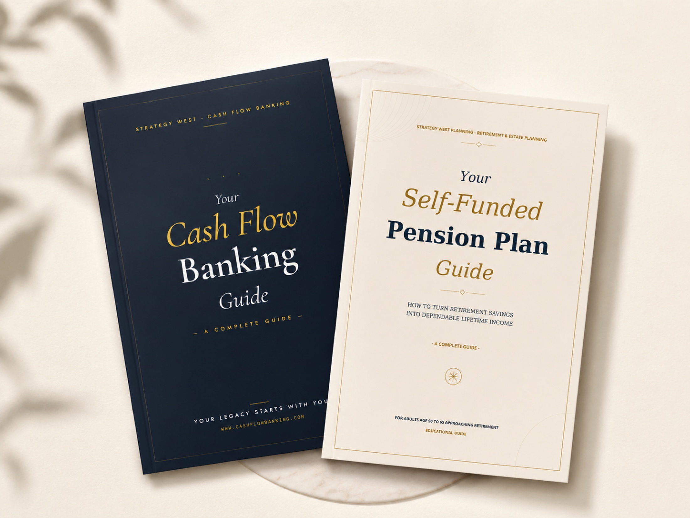 Covers of the Strategy West Planning Cash Flow Banking Guide and Self-Funded Pension Plan Guide.